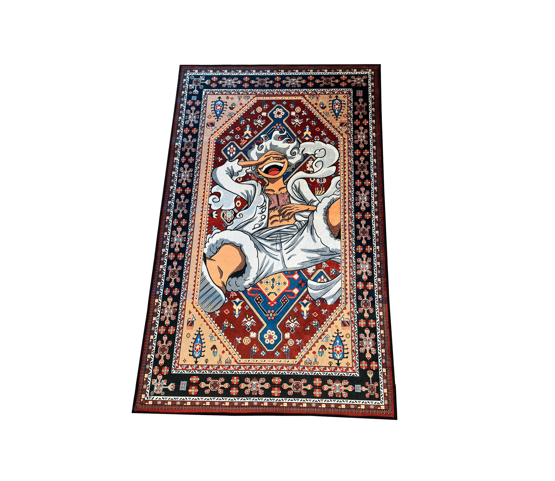 Tradicional, el yapımı detaylı desenli, ortasında figüratif bir karakter tasviri bulunan oriental halı.