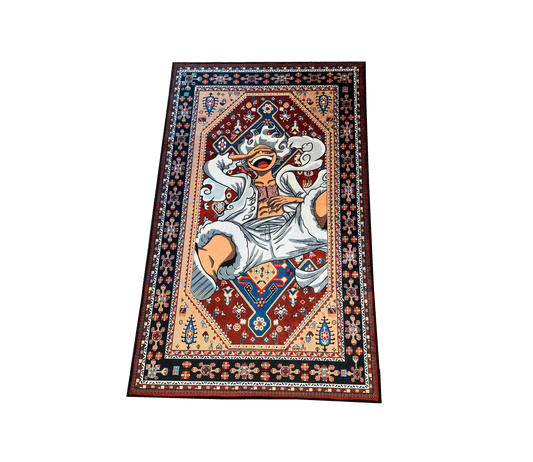 Tradicional, el yapımı detaylı desenli, ortasında figüratif bir karakter tasviri bulunan oriental halı.